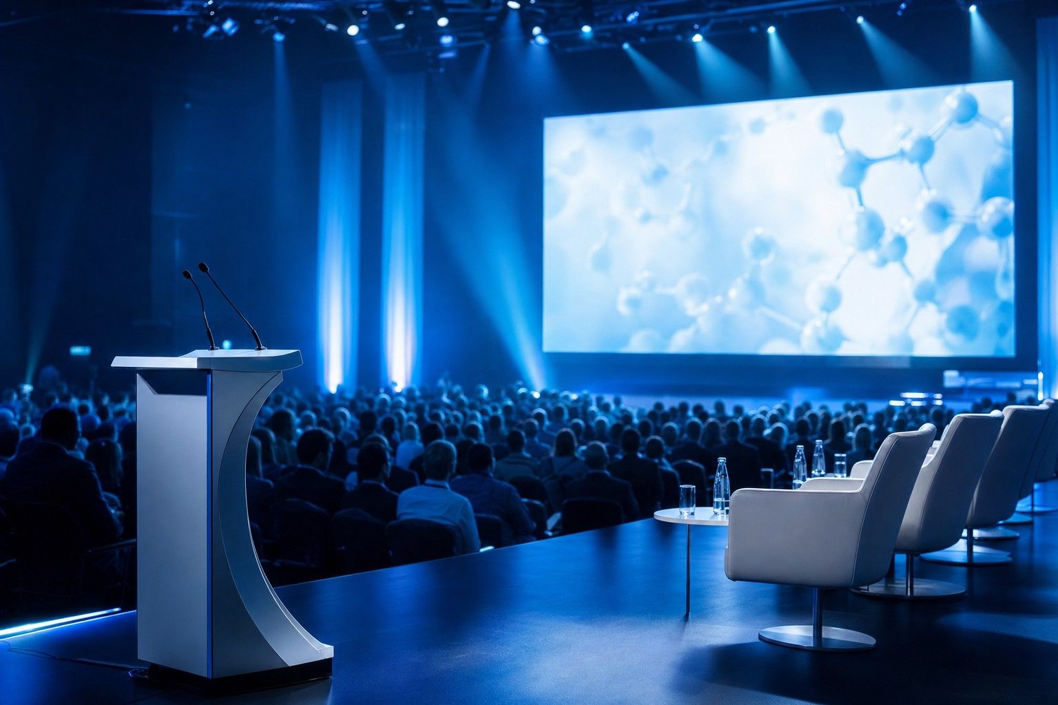 Auditório de congresso médico com luz azul